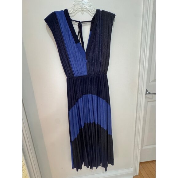 Striped Pleated Midi Dress With Tie Back Detail Black & Blue Size M - Picture 1 of 10
